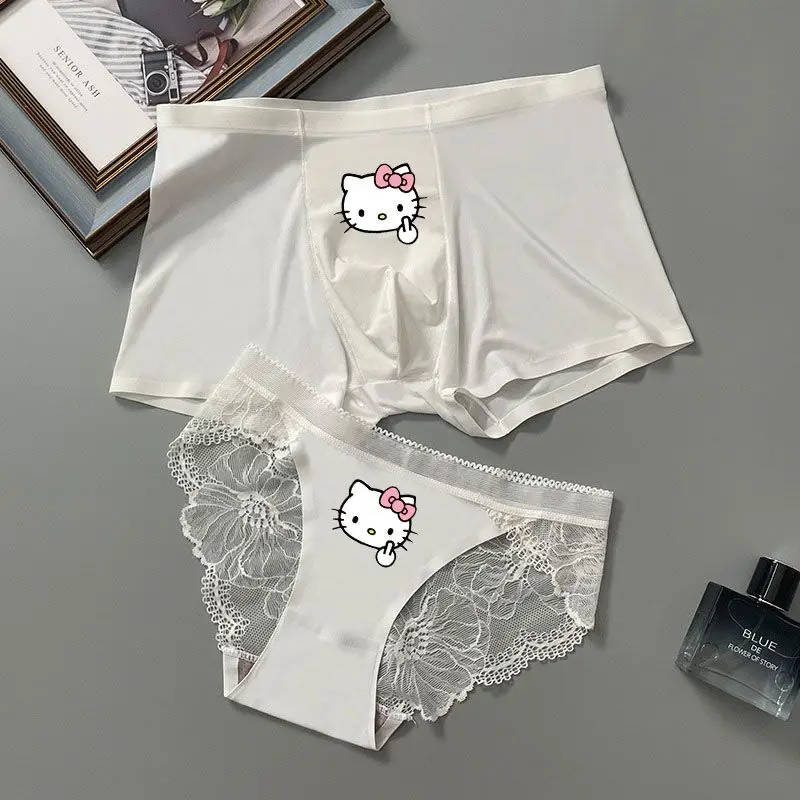 2-Pack Hello Kitty Couple Underwear Sexy Lovely Lace Transparent Ice Silk No Trace Seamless Breathable Men Women Underwear Chris