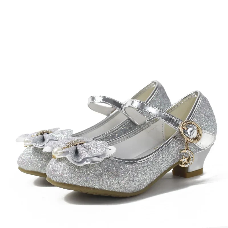 Chaussures en cuir à talons hauts pour enfants, chaussures provoqué à paillettes, nœud papillon, princesse, performance scolaire, enfants, filles, mode, printemps, automne