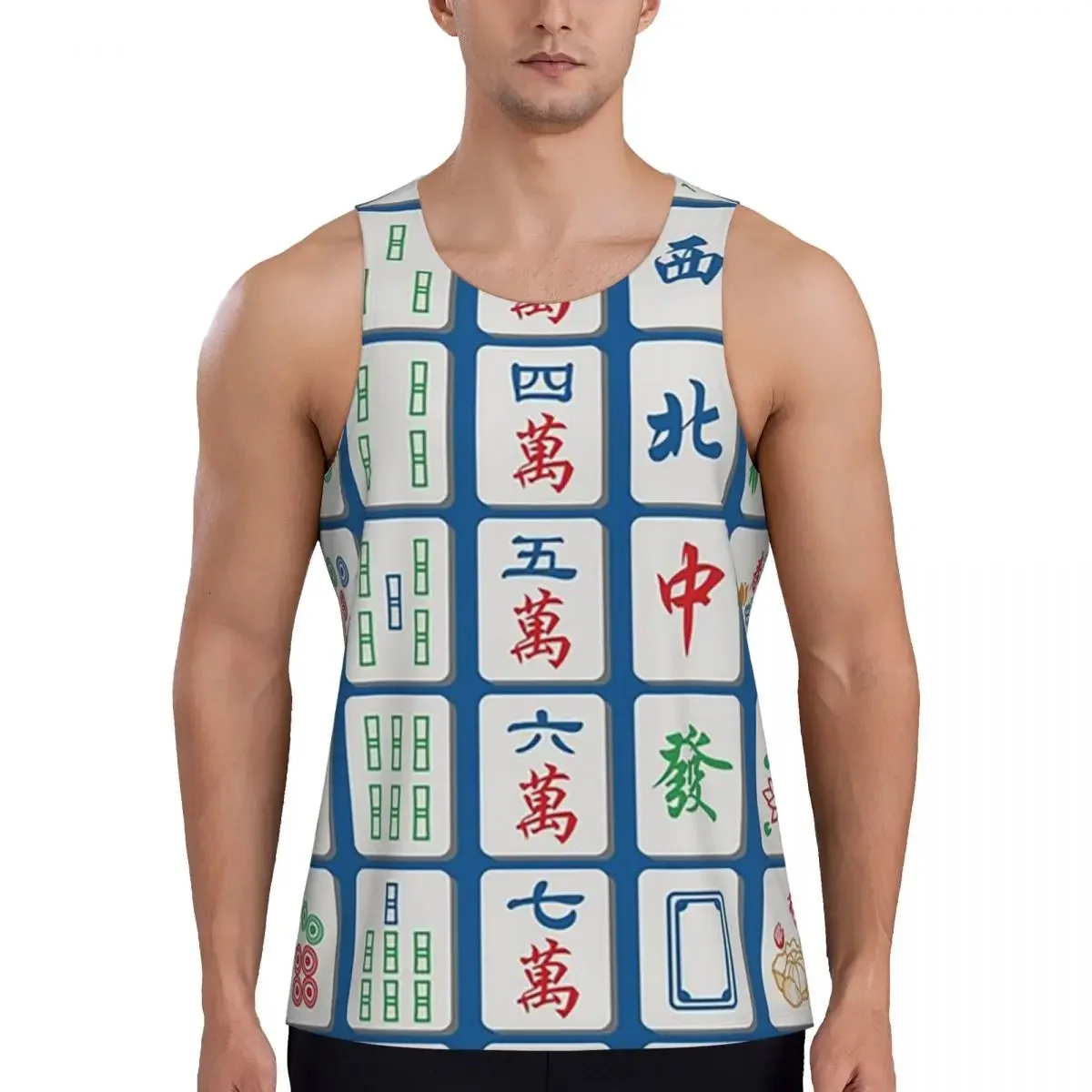 Quick Dry Mahjong Tiles On Blue Gym Tank Muscle Sleeveless Shirt Bodybuilding Breathable Vest
