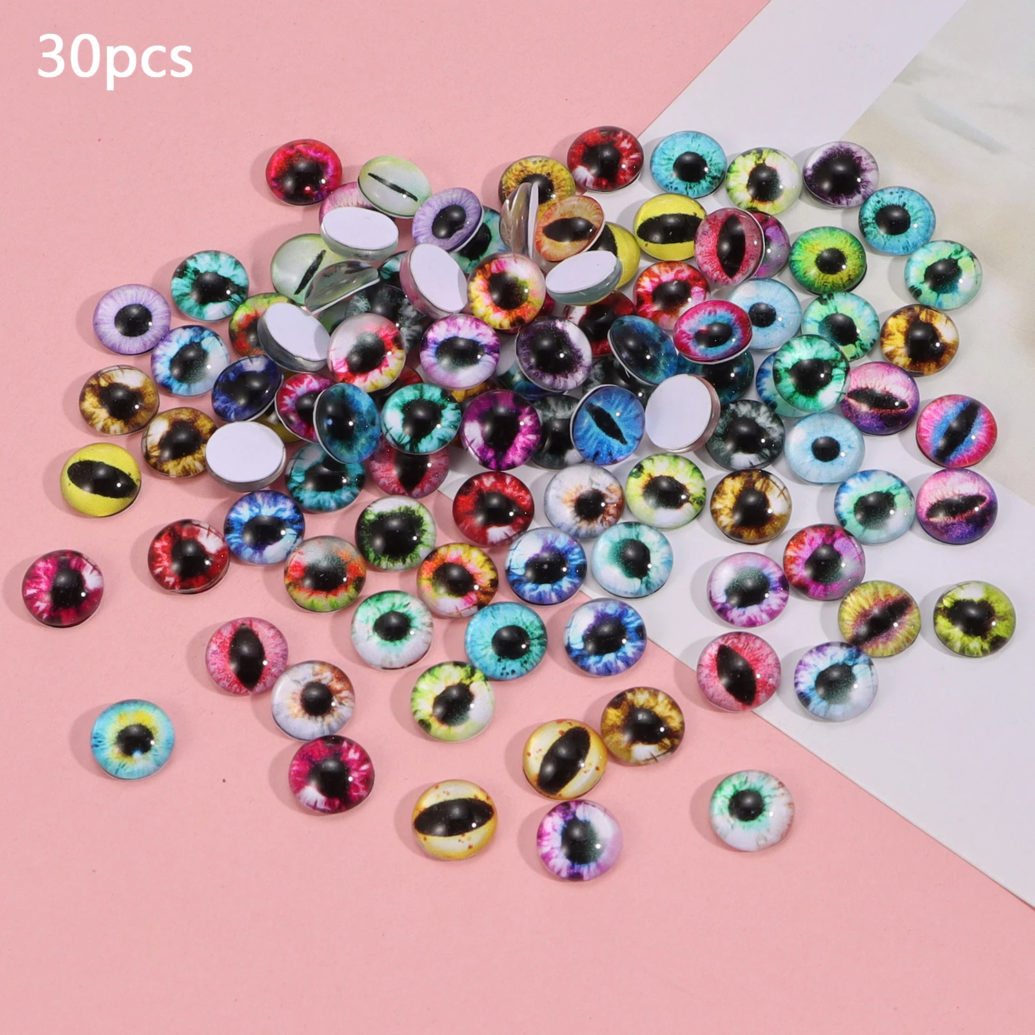 6/8/12/16 mm Puppenaugen, Katzenaugen, Glasaugen, rundes Cabochonauge, gemischt bedruckt, halbrunde Augen, 30 Stück, Mini-Tieraugen für Puppen-Requisiten