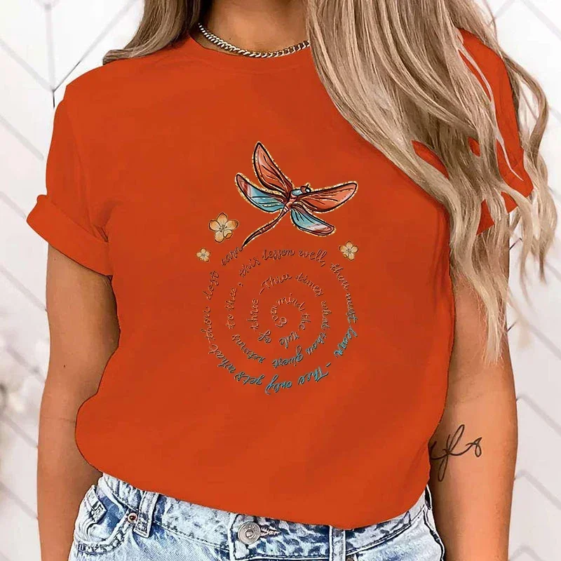 PremiumT-shirt Cute Dragonfly Print T-Shirts For Women Summer Lovely Short Sleeve Casual T-Shirts Funny Ladies Round Neck Tops