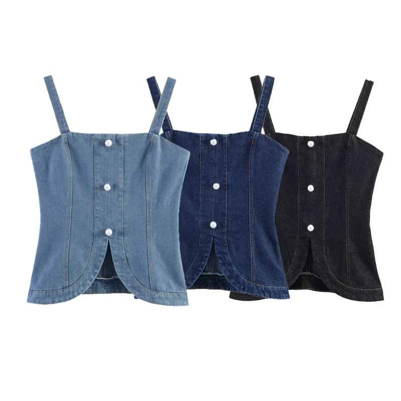 2026 Summer Women's Cropped Denim Vest Off-Shoulder Sleeveless Jean Top Elegant Slim Fit Work Wear Fashion Casual Shirt