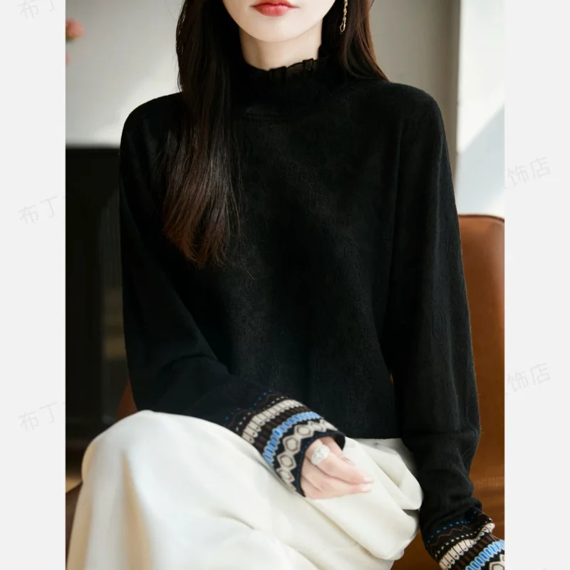 

Lace collar retro jacquard long-sleeved sweater embossed bottoming shirt versatile pullover top