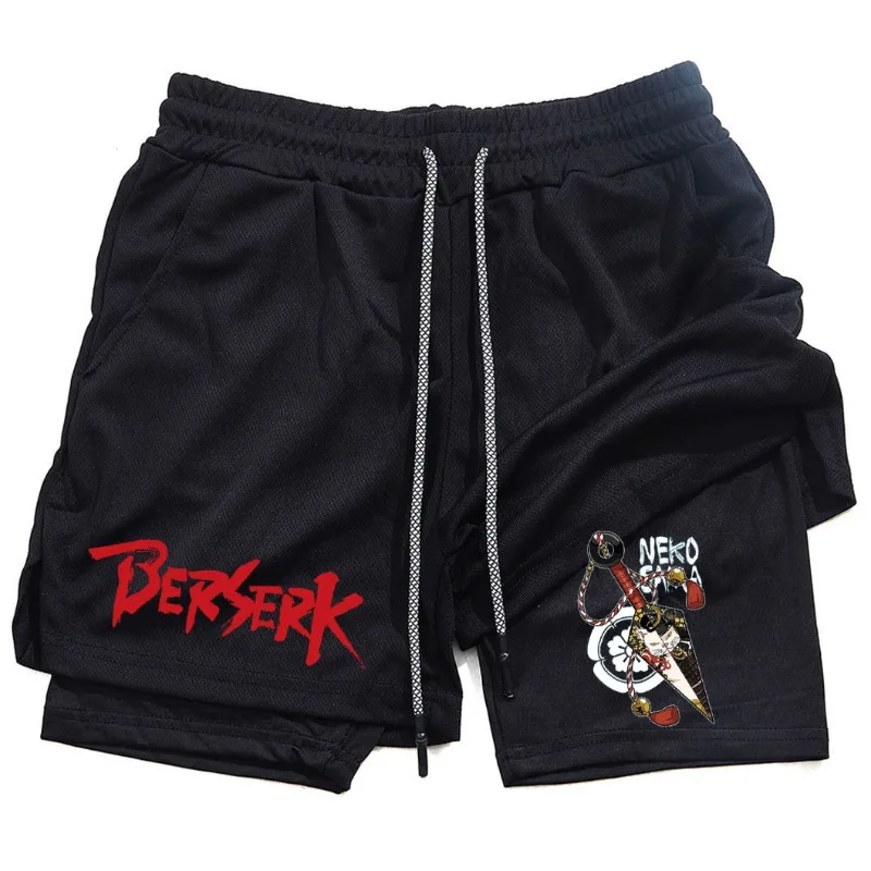 Anime Berserk Print Herren Laufhose, 2-in-1-Lauf-Workout-Shorts für Herren, Fitnessstudio, Fitness, doppellagige Fünf-Punkte-Hose