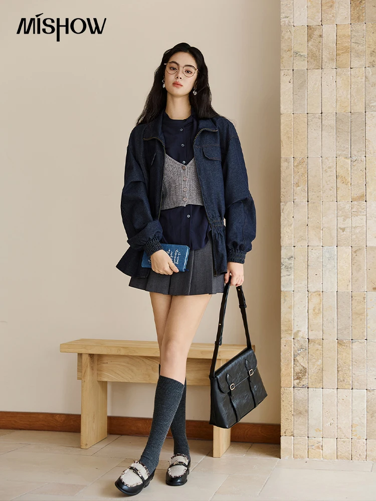 MISHOW Giacca blu da donna 2025 Autunno retrò allentato colletto alla coreana orlo con volant giacca corta pendolari top a maniche lunghe MXE47W0892