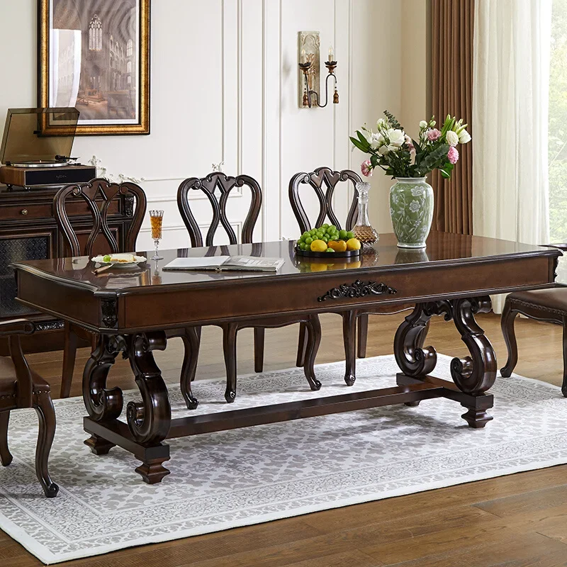 

American pure solid wood dining table horizontal hall long table western table carved 2.2 meters 2.4 meters villa large apartmen