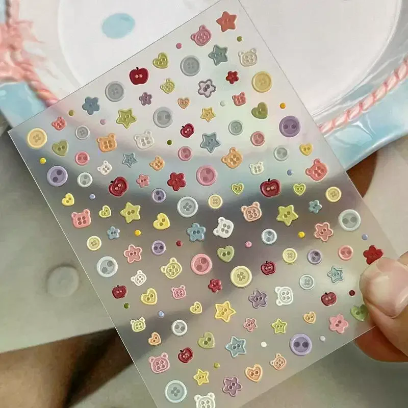 Kawaii Embossed Cartoon Buttons DIY Nail Art Stickers For Scrapbook Journal Material Decor Decals