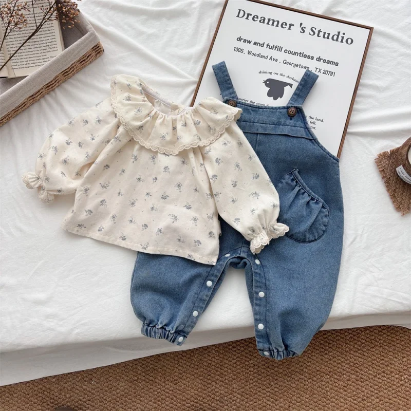 Girls Fashion Clothes Set Long-sleeve Baby Kids Print T-shirt Tops+Denim Overalls Two-piece Suit for Children's Clothing Outfits