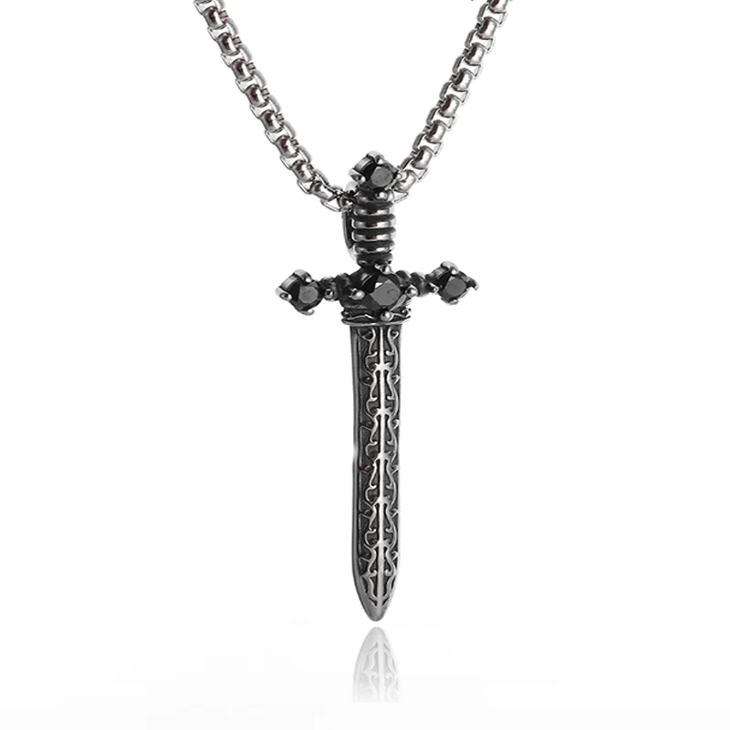 Gem Sword Pendant Retro Gothic Cross Necklace for Men Fashion Rock Knight Sword Jewelry Memorial Gift