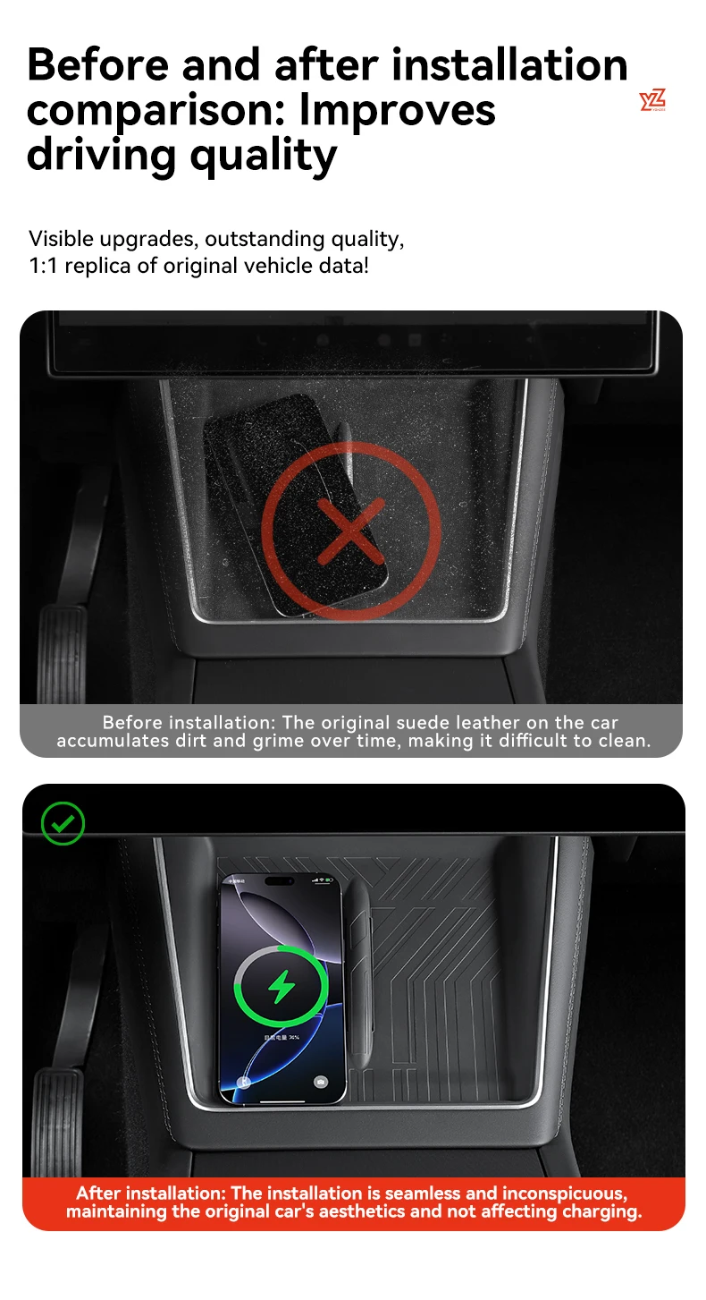 YZ Für Tesla Model Y YL 3 Highland Juniper 2026 Kabelloses Ladegerät Silikon Anti-Rutsch-Pad Mittelkonsole Ladezubehör Auto-Accessoires – Detail 2