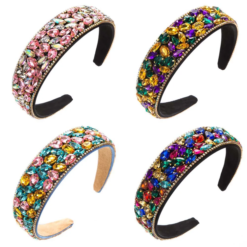 

New Retro Baroque Hairband Fashion Bohemian Colorful Crystal Sponge Hair Band Ladies Wide Headdress 2024 New