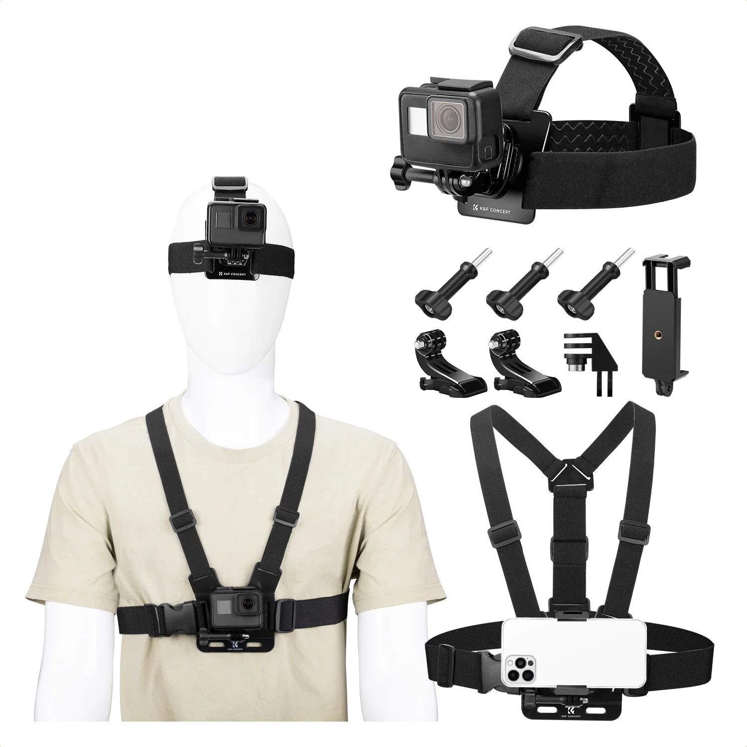 

K&F CONCEPT Head Strap & Chest Mount Set for GoPro HERO DJI Osmo Action 5 Pro 4 Cameras Quick Release Adjustable Accessories Kit
