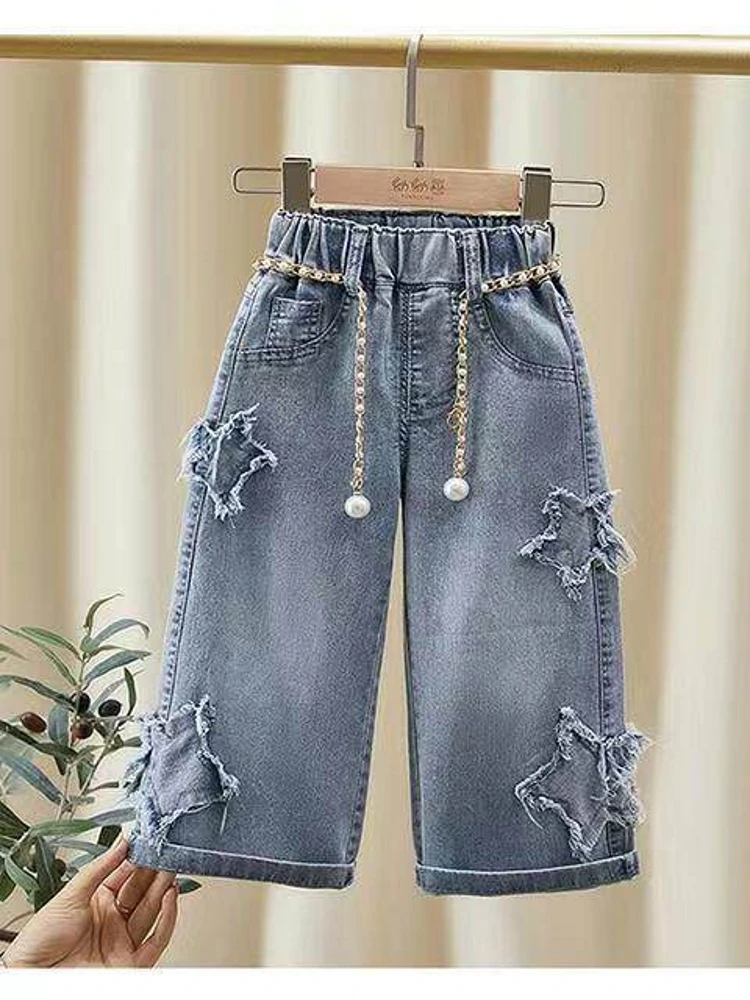 ルーズガールズジーンズ春秋スタイル韓国語版フリンジ裾ワイドレッグパンツ小さな女の子用ベビーファッショナブルなズボン
