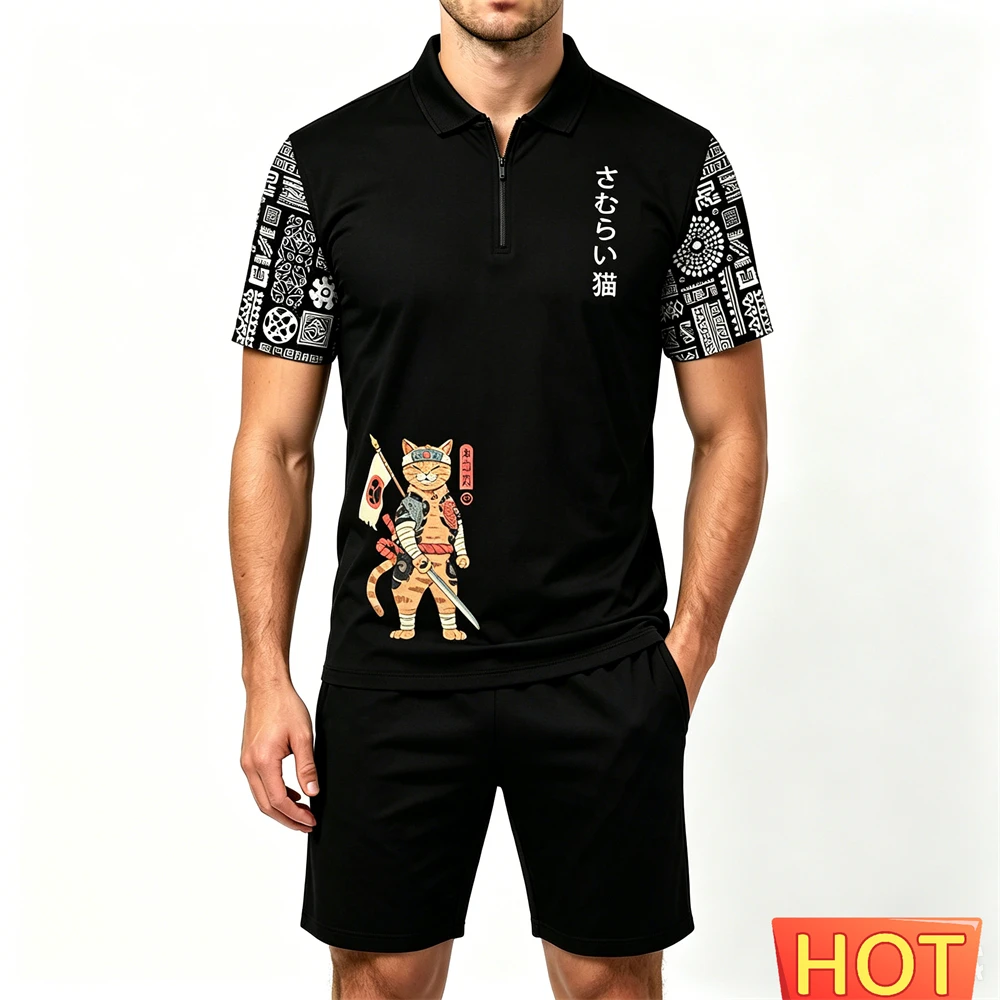 Summer Men's Sets Fashion Zip Short Sleeve Polo Shirt and Shorts 2 Piece Japan Samurai Cat Pattern Man Outfit Casual Loose Suit view 3