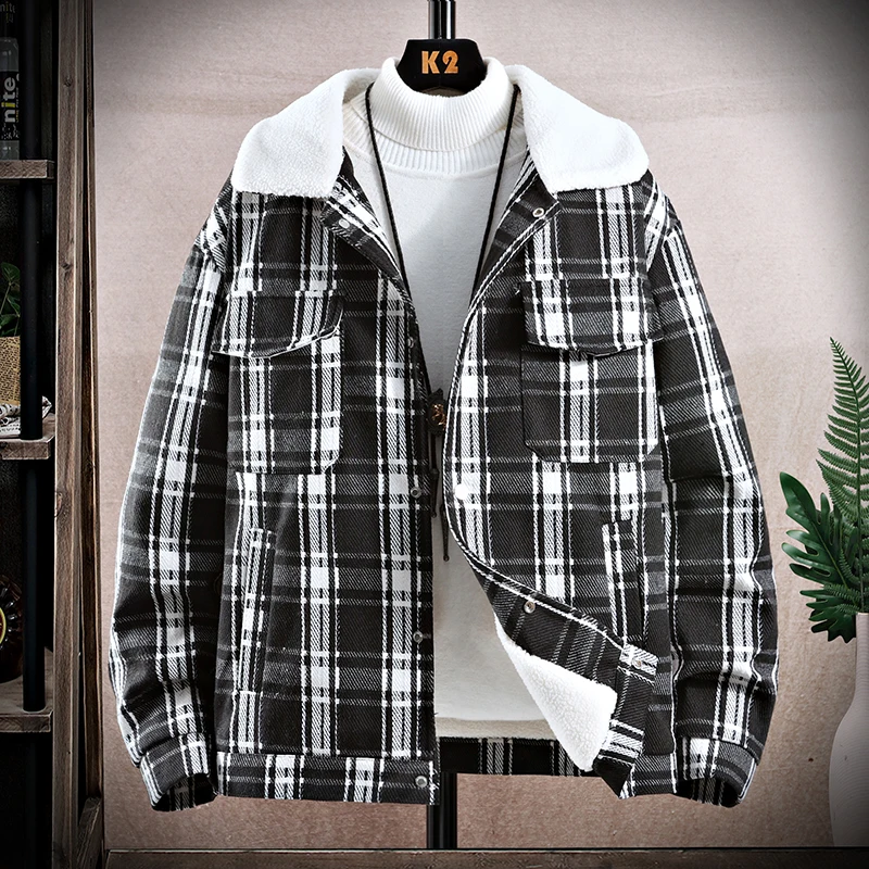 High End Plaid Woolen Jacket Men's Winter Lamb Wool Warm Coat Casual Versatile Wool Overcoat Social Streetwear Men Clothing 3XL