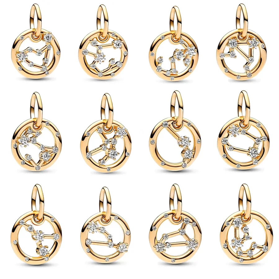 Gold Plated Sparkling 12 Zodiac Constellations Dangle Charm Bead Fit Original 925 Sterling Silver European Bracelet Jewelry Gift