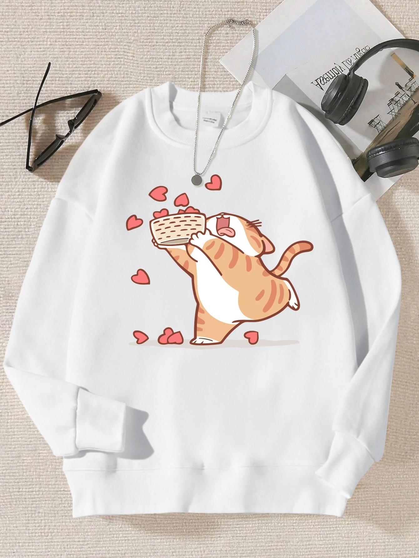 Collecting Loving Cartoon Cats Print Women Sweatshirt Casual Loose Hoody Simple Fleece Pullovers Street Crewneck Woman Clothing