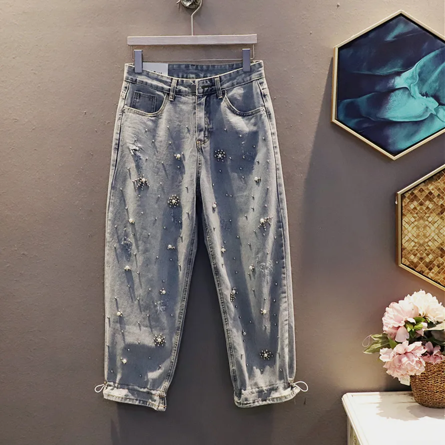 

New Spring Summer Jeans Women Beaded Pearls BF Ripped For Young Ladies Harem Pants Casual Denim Jeans Trousers NZ204