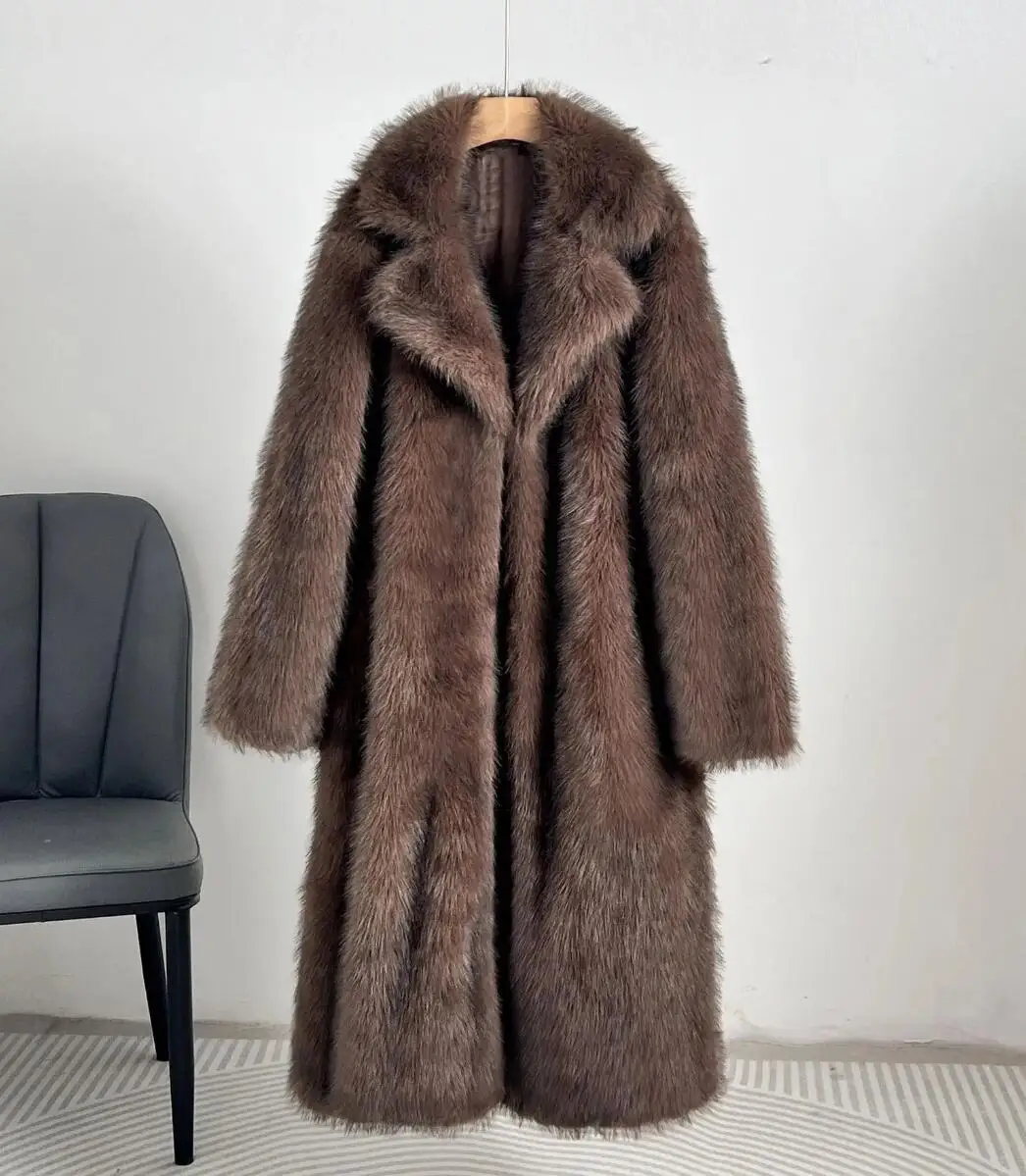 

Женское длинное пальто из искусственного меха с лацканами, роскошное, однотонное, с длинными рукавами, пушистое, свободного кроя, модная зимняя теплая верхняя одежда в стиле High Street
