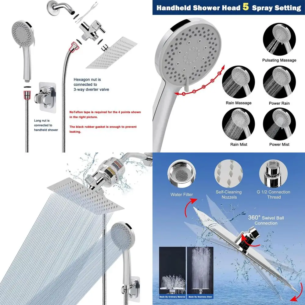 

8-квадратный ручной душ высокой чистоты с комбинированным фильтром с 5 настройками и шлангом длиной 1,5 м — в комплект входит 1 картридж с фильтром (хром)