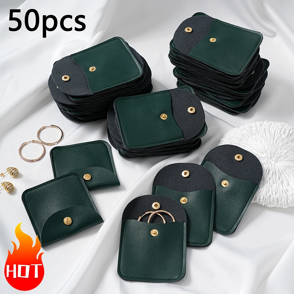 1/10/50 Buah Kantong Perhiasan Kulit PU Lembut Kancing Jepret Tas Kemasan Perhiasan Anting Kalung Organizer Tas Hadiah Bisnis Kecil