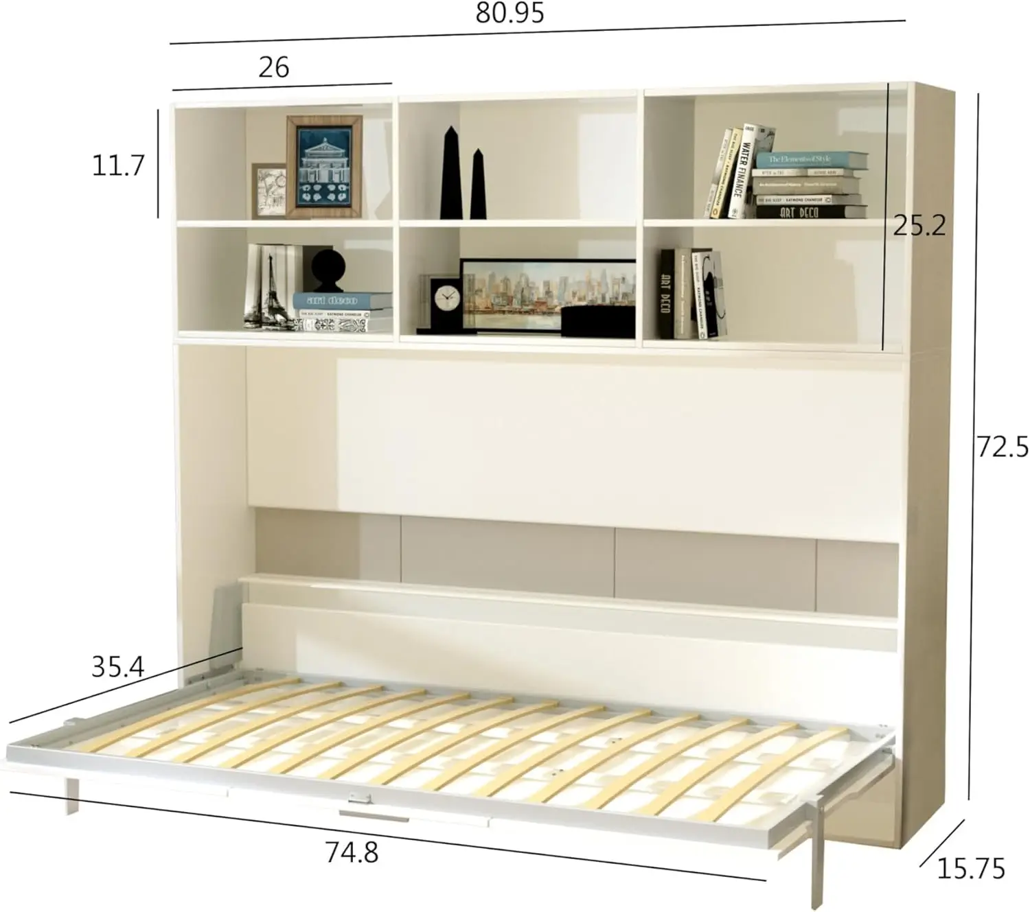 Twin Size Horizontal Murphy Bed Gas Struts, Modern Hidden Wall-Bed With Shelf Storage For Bedroom Or Guestroom,White