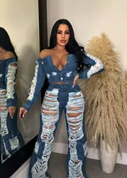 Szerokie nogawki Kieszenie z wysokim stanem Proste luźne dżinsy Spodnie Womans Streetwear Baggy Hole Ripped Denim Pants Pantalones