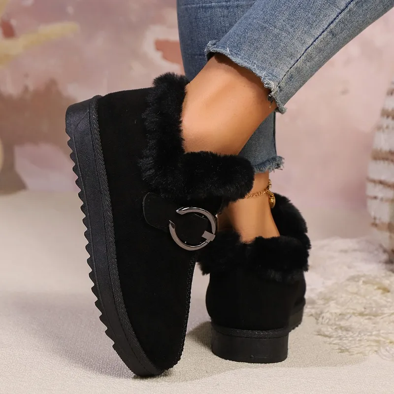 جولة تو المرأة عادية حذاء من الجلد جديد 2025 رقيق حذاء الثلج عالي الرقبة دافئ النساء مشبك أفخم الشتاء الراحة في الهواء الطلق حذاء مسطح النساء