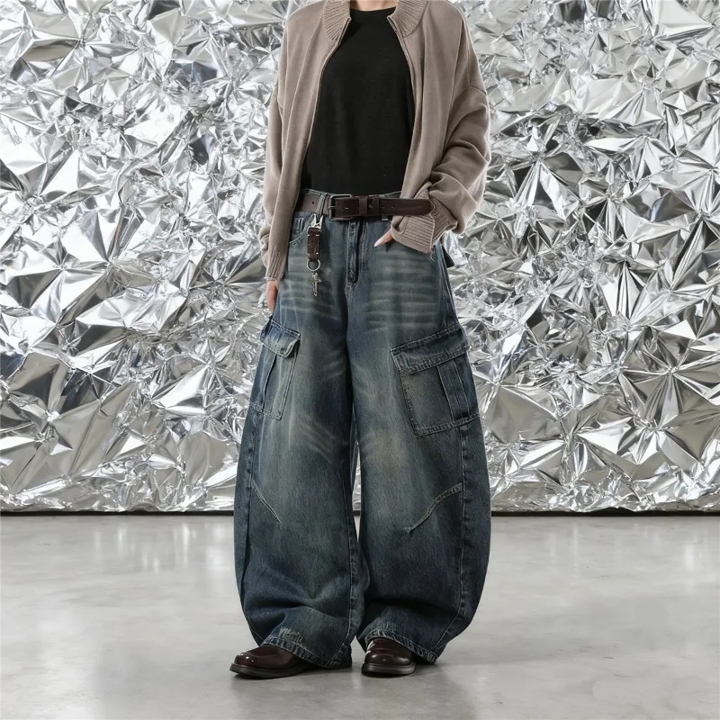 New Simple Men's Jeans Washing Side Pocket Solid Color American Style Bottom Wide Leg All-match Male Denim Pants
