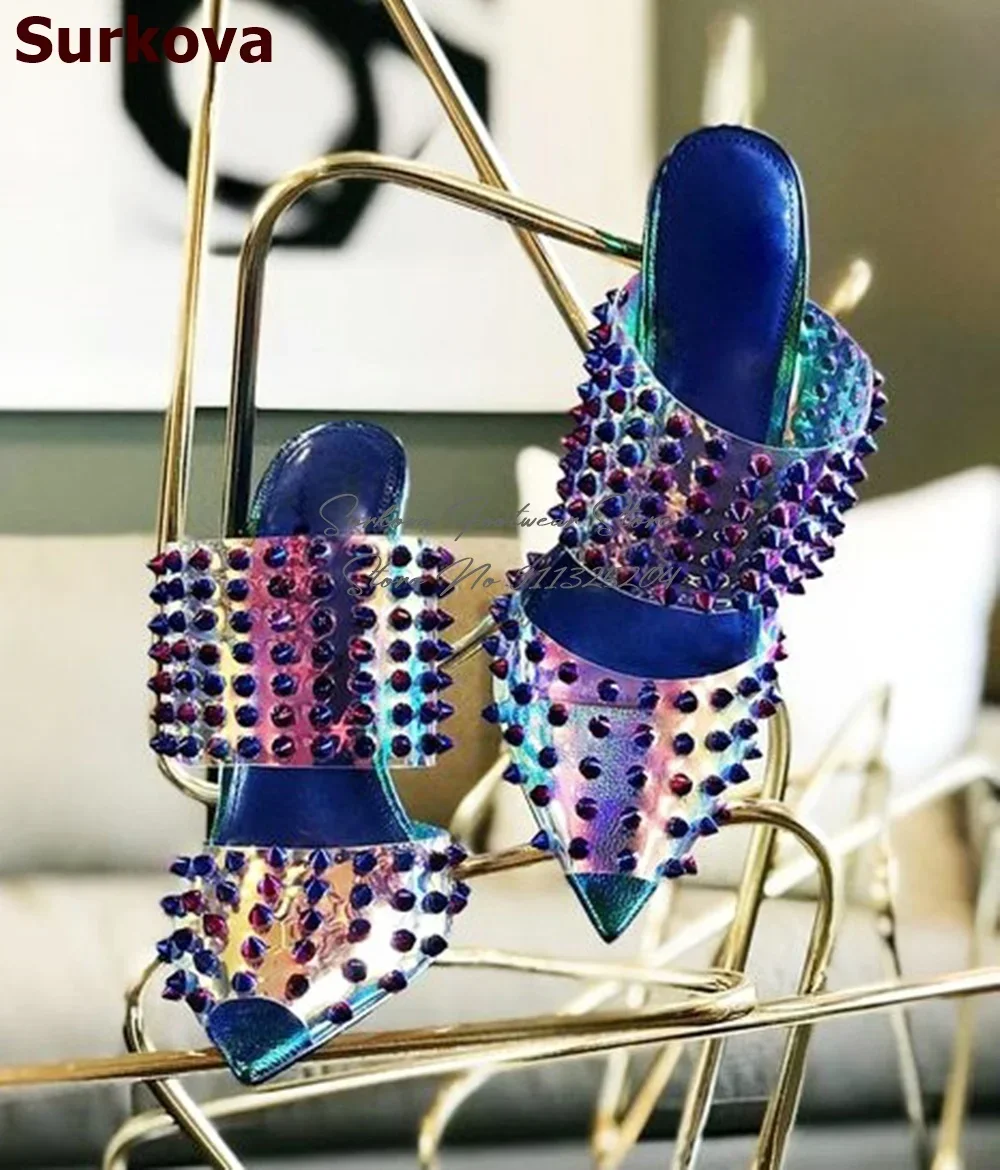 Surkova Blue Gold Rivets High Heel Slippers Hologram Iridescent PVC Spikes Slip-on Stiletto Sandals Gold Silver Dress Pumps