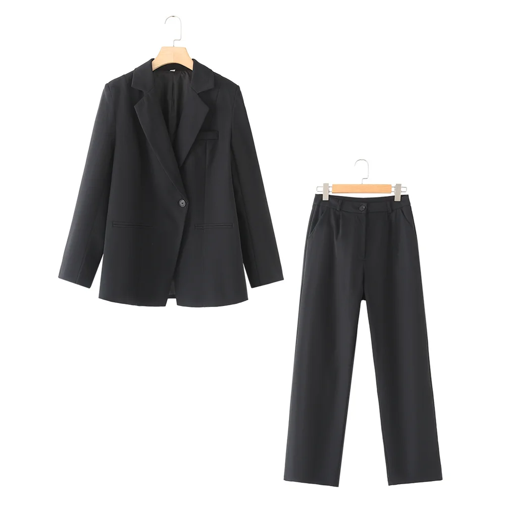 PB&ZA 2024 Spring New Women\'s Fashion and Elegance Slim Fit Commuter Versatile Flip Collar Suit Straight Leg Pants Set