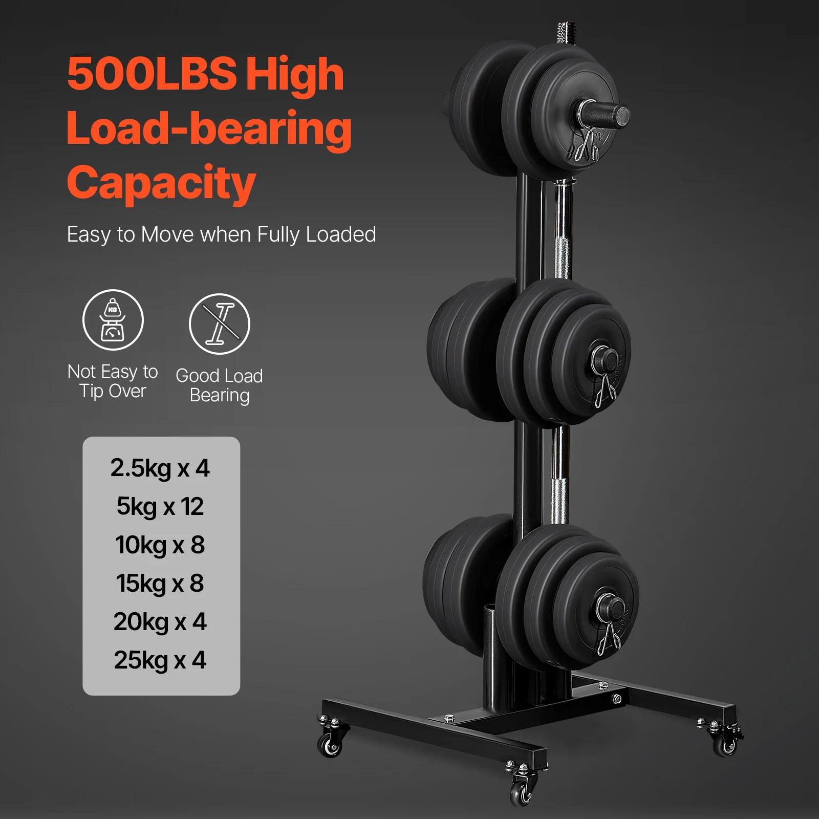 Weight Plate Rack, Vertical Weight Plate Tree for 2-Inch Weight Plates, 1000 lbs Load Capacity Weight Storage Holder, Standard Weight Plate Tree with Wheels, Home Gym Barbell Rack Storage Stand