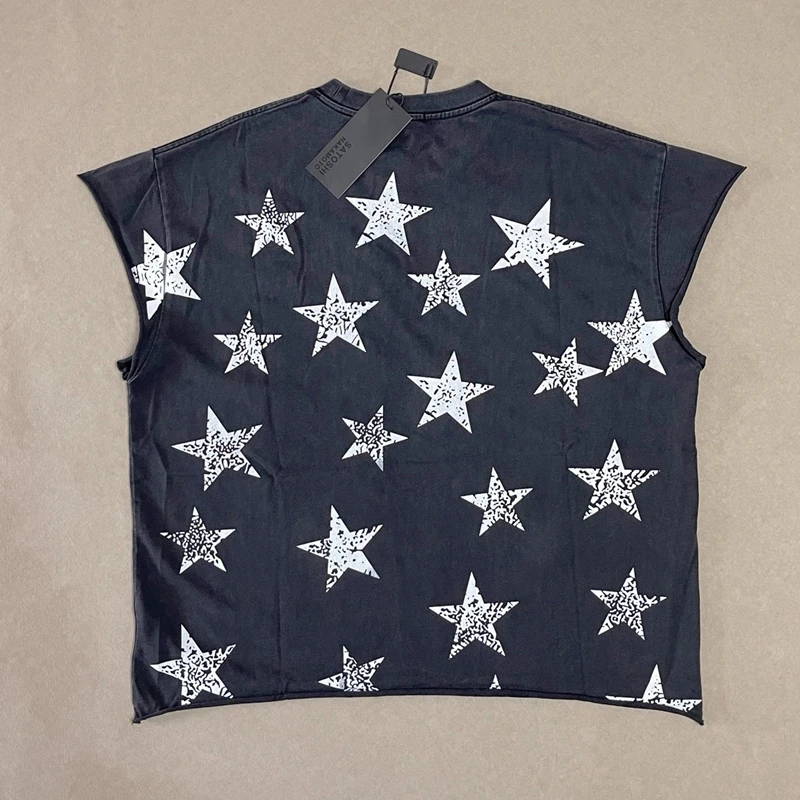 Schwarzes Acid-Wash Herren-Tanktop, zerrissenes ärmelloses Grafik-T-Shirt, Damen Vintage-Stern-Print, übergroßes Y2k Streetwear-Oberteil – Detail 3