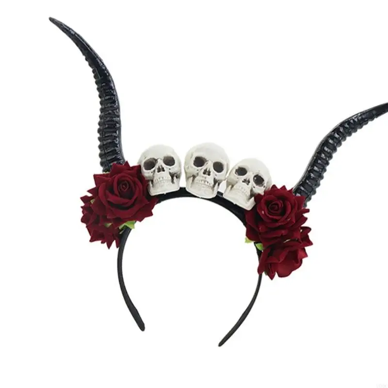 Unisex Resin Devil Horn Headwear Halloween Party Hairband Feature Intricate Lace Floral Design Party Essential Wear Y166