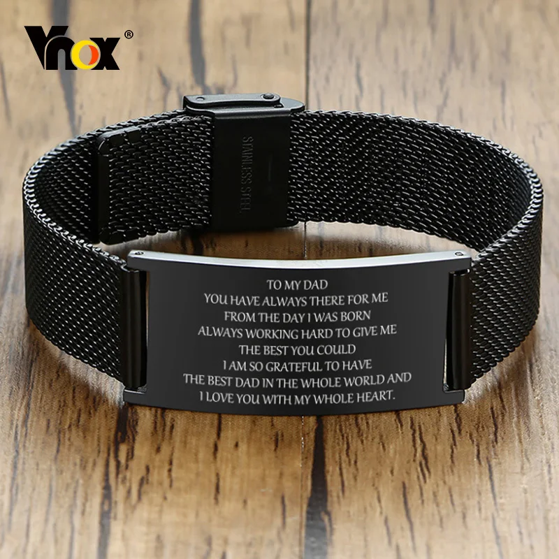 Vnox 20mm TO MY DAD Bracelets for Men, Custom Black Stainless Steel Bangle with Adjustable Watch Band, Father's Day Gift