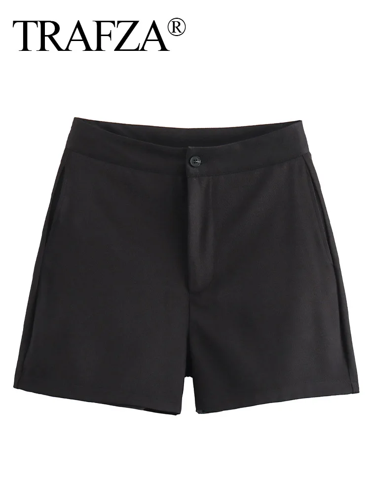 TRAFZA-Mini shorts de cintura alta com bolsos laterais para mulheres, streetwear chique feminino, monocromático, popular e elegante, 4 cores, verão