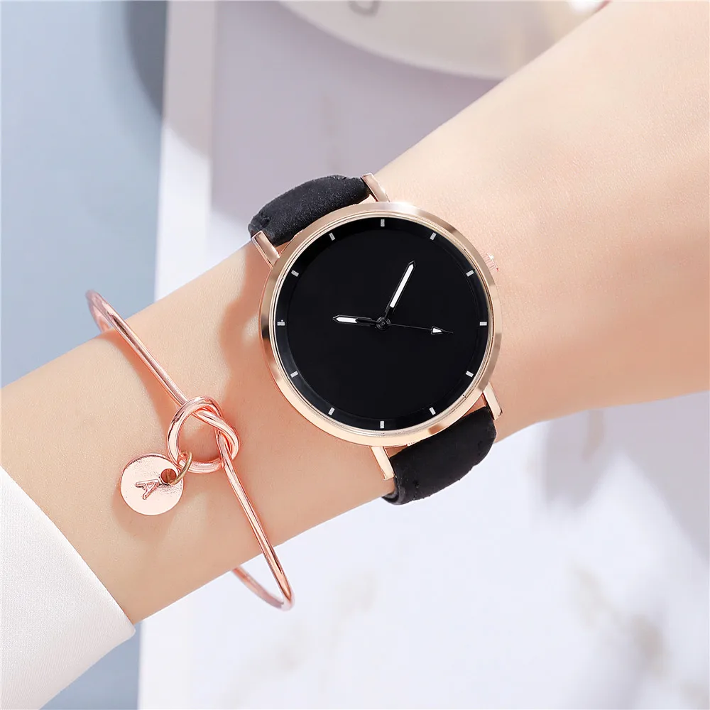 New Temperament Fashion Simple Black Women's Belt Watch Large Dial Three Needle Quartz Watch Female