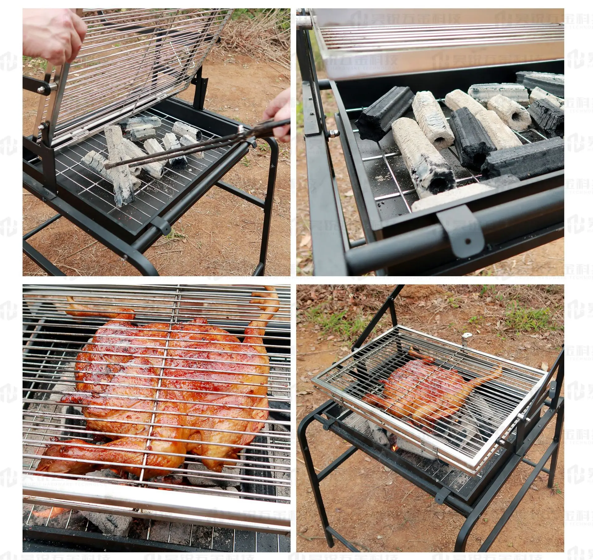 Outdoor dismantling of BBQ charcoal chicken flipping and rotating grill mesh frame for courtyard  beef oven,