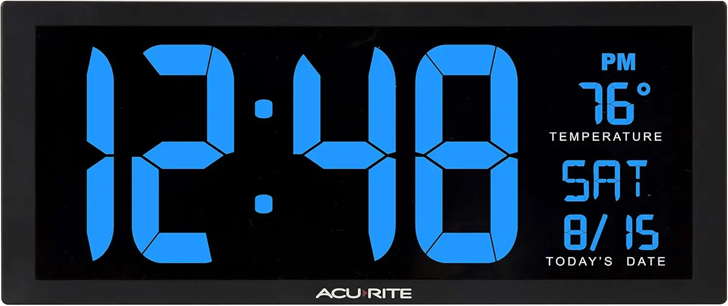 

Oversized Blue LED Clock with Indoor Temperature, Date and Fold-Out Stand, 14.5-Inch