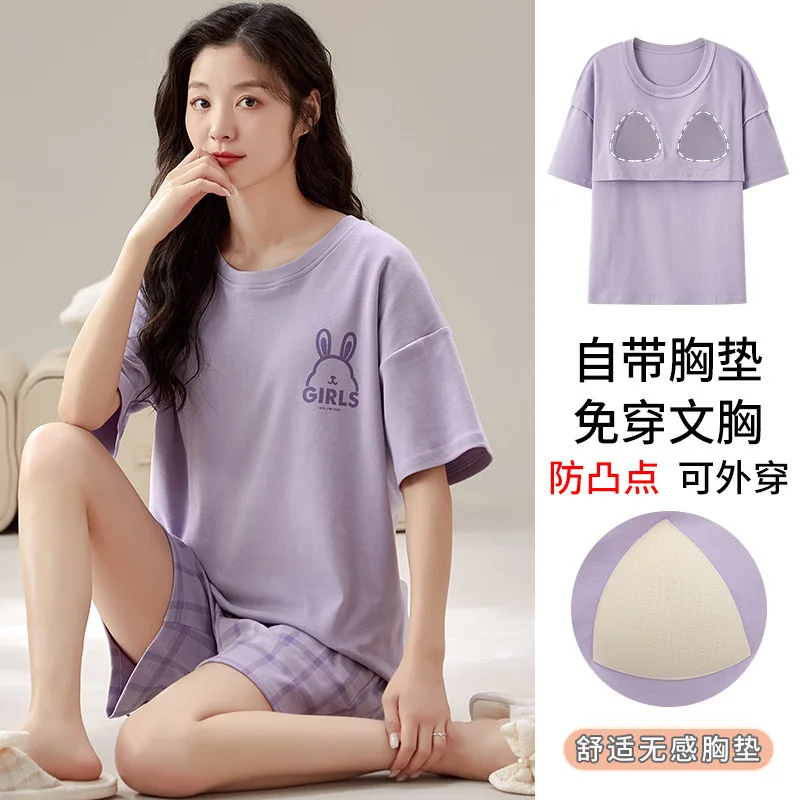 Summer 100% Cotton Women\'s Pajamas With Padded Bra Sweet Princess Cartoon Comfortable Short Sleeve Shorts Pajama Sets