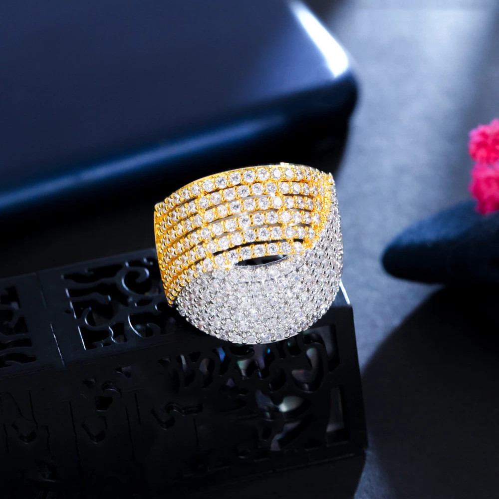

BeaQueen Shiny CZ Stone Micro Pave Big Wide Twisted Line Ring Luxury Two Tones White Gold Color Women Banquet Party Jewelry R142