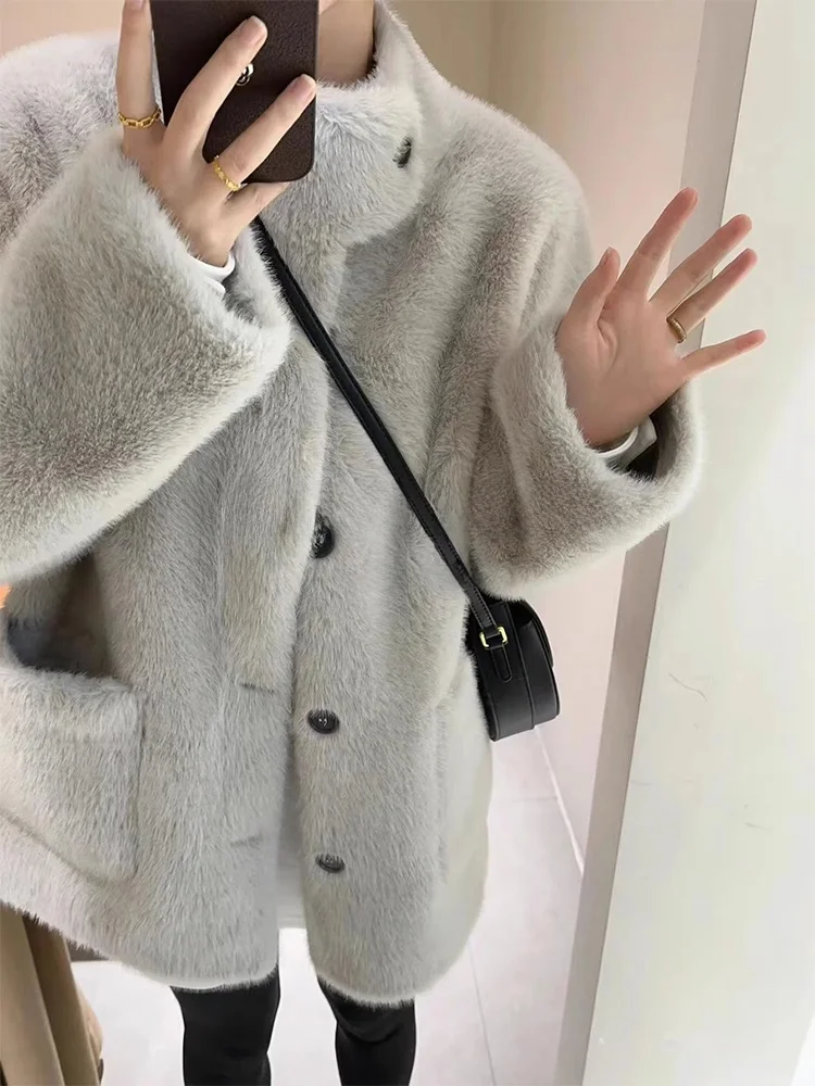 

ROUJE KEFSS Women's Fur Coat 2023 Autumn Winter Small Size Fluffy Long Sve Leather And Fur Inteated Outerwear
