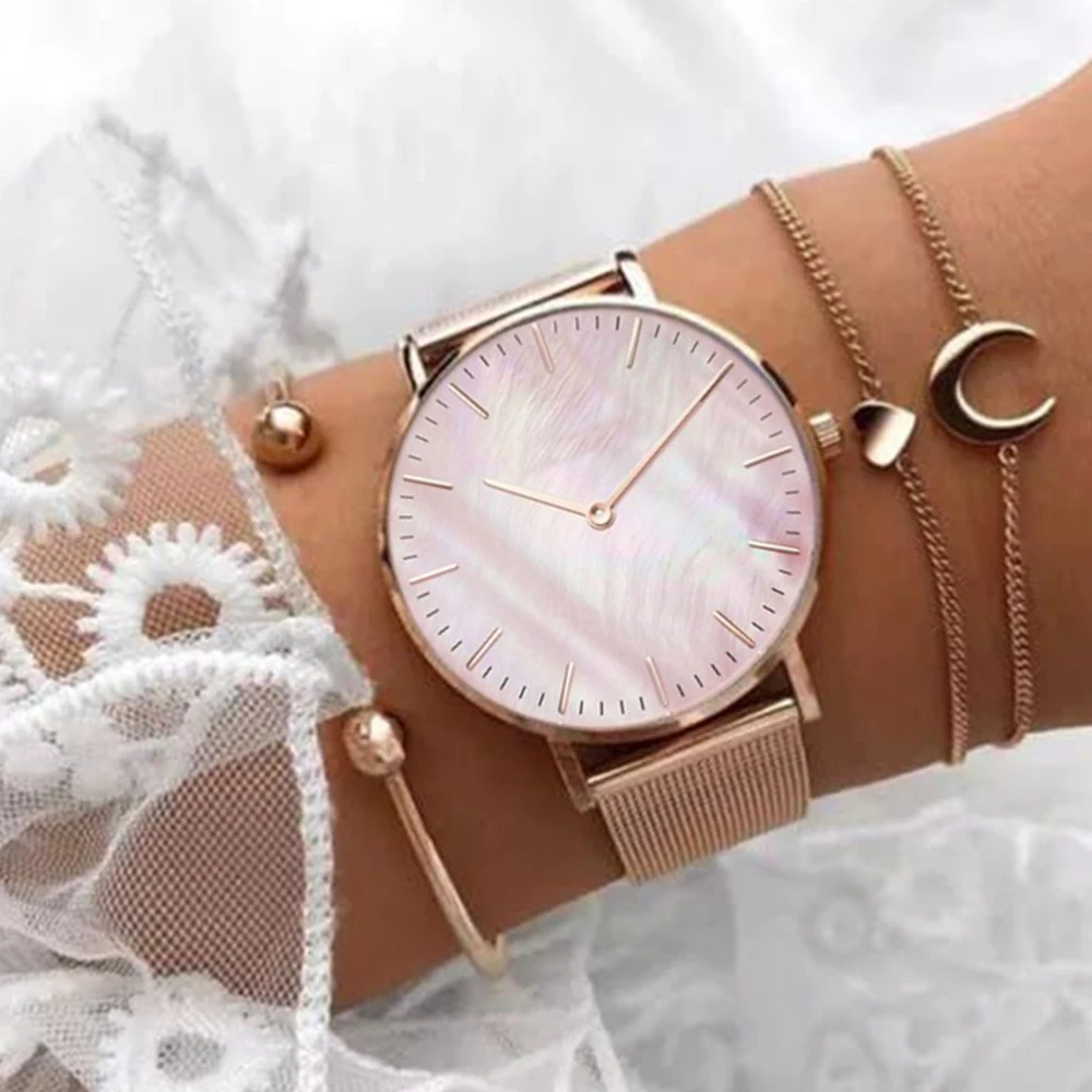 Luxury Women Watch Rose Gold 2023 Stylish Shell Dial Leather Steel Mesh Belt Fashion Ladies Wrist Watches Gifts Relogio Feminino