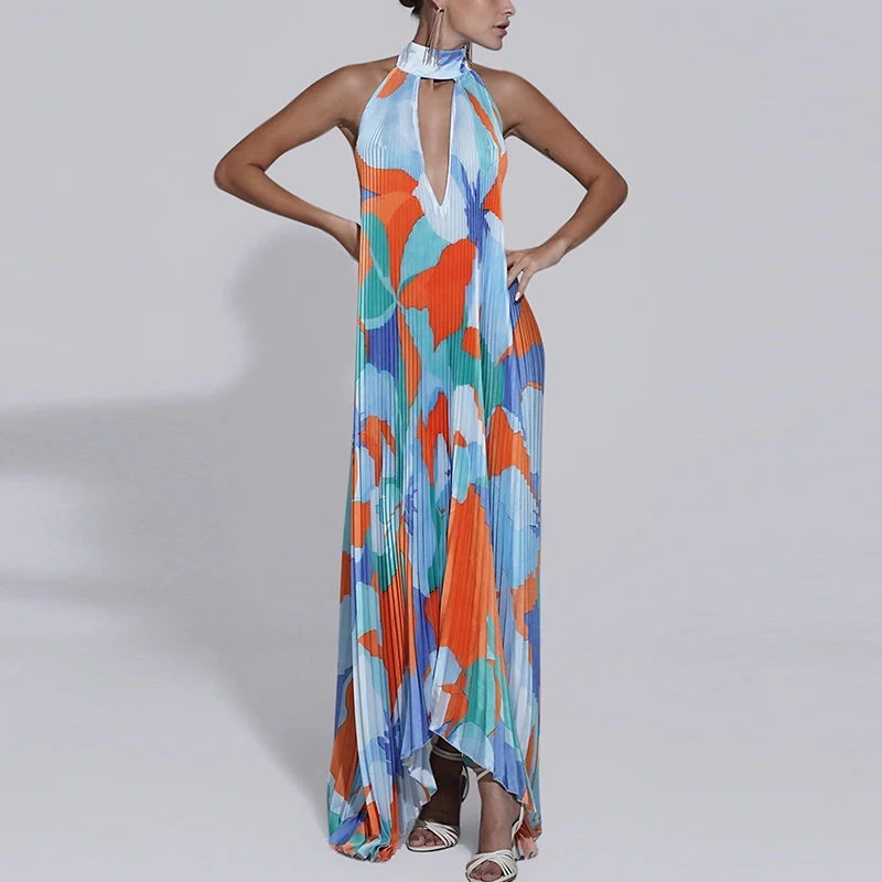 New Women Pleat Draped Irregular Long Dress Ethnic Vintage Off Shoulder Hem Dress Casual 2024 Hollow Out Halter Printed Dresses