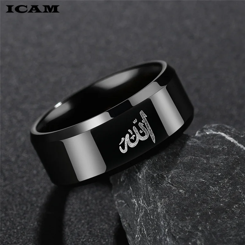 ICAM-Anneaux d'écriture islamique arabe pour hommes, acier inoxydable, bande de prière musulmane, bijoux religieux, 8mm