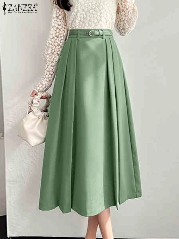 

ZANZEA Elegant Pleated Long Skirts Solid Retro French Overskirts 2025 Casual Zipper A-Line Summer Party High Waist Bottoms S-3XL