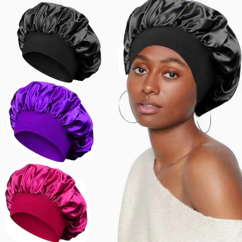 Women\'s Satin Solid Bonnets Wide-brimmed Night Sleeping Bathing Hat Unisex Head Wrap Elastic Band Cap Hair Care Bonnet