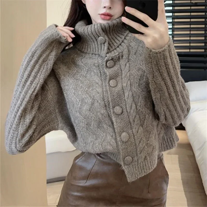 

Новинка 2025, ленивый дизайн, свободный короткий вязаный свитер с длинными рукавами, водолазка, женская осенне-зимняя куртка