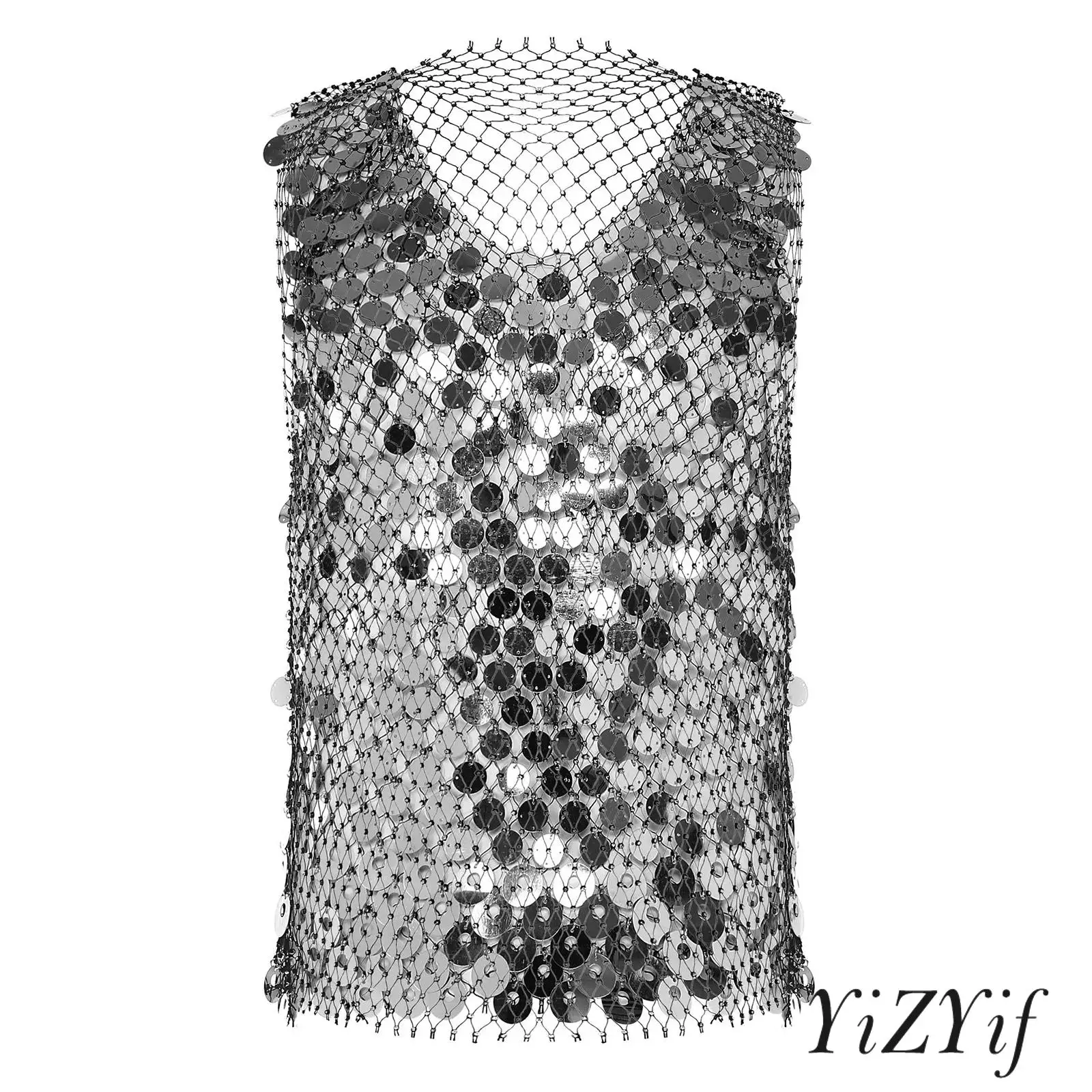 

Glittery Sequin Fishnet Tank Top for Men Rhinestone Embellished Sleeveless See Through Cover Up Vest for Club Disco Dance Party