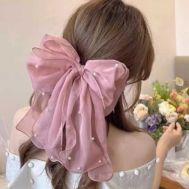 Ladies Ribbon Pearl Bow Hair Clips For Women Elegant Chiffon Bowknot Ponytail Clip Pin Bows Barrette Headwear Luxury Accessories